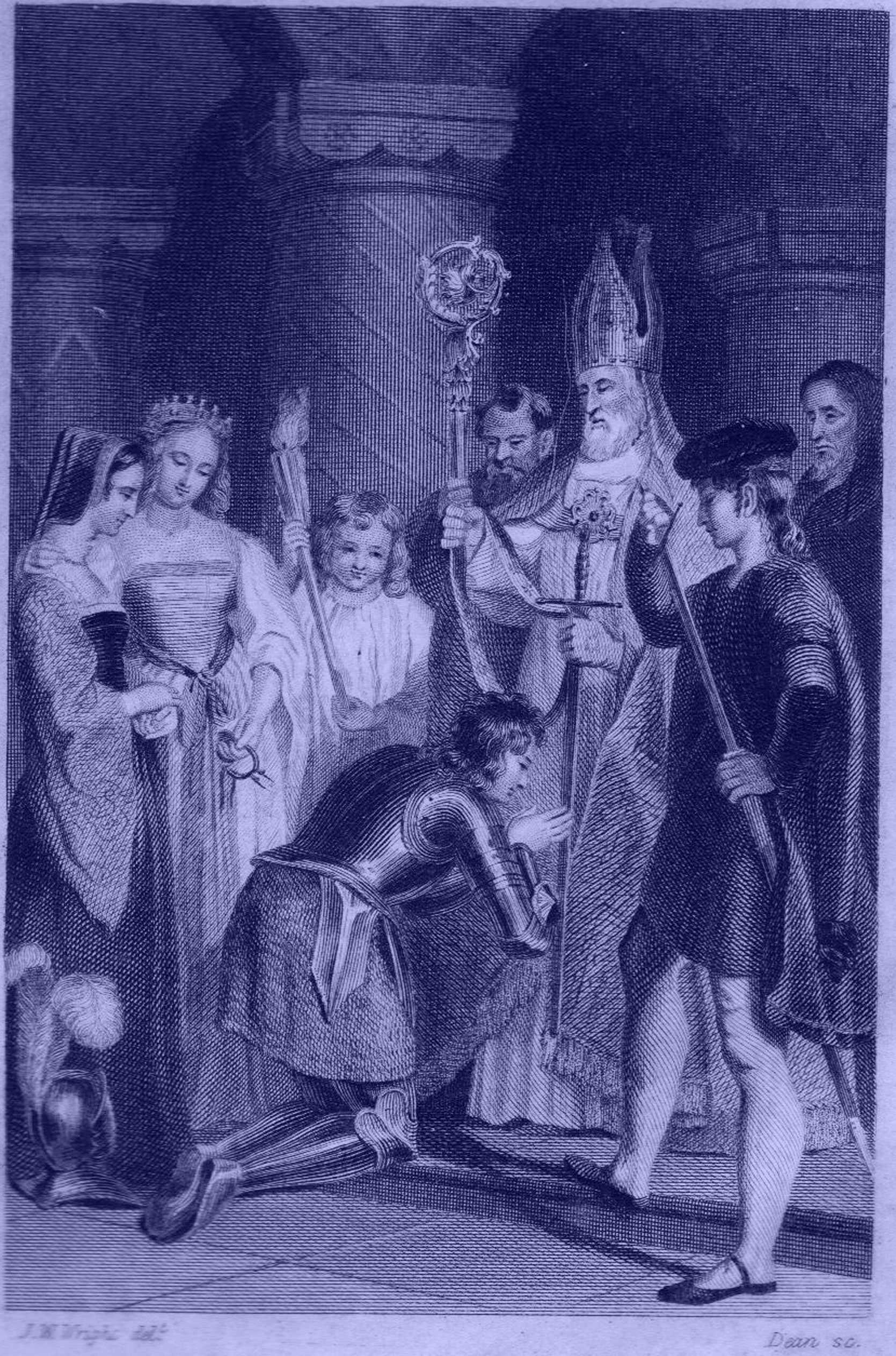 Engraving by J. W. Wright of a knight knealing beofre a mitred bishop, with women and children around him. 