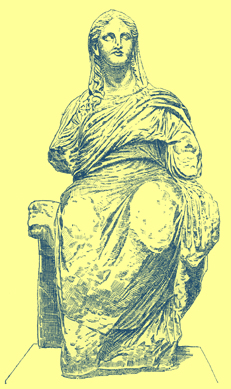 Black and white engraving of Demeter, seated on her throne. 