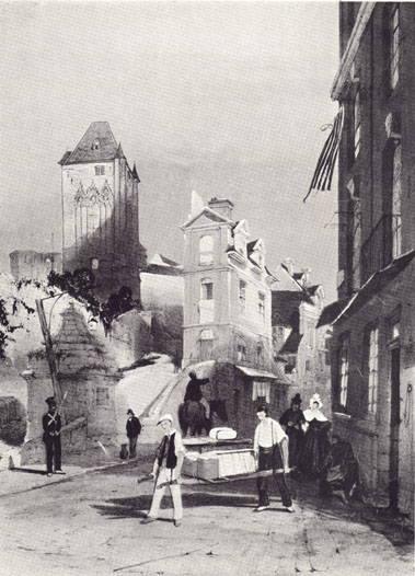 Black and white drawing, by T. S. Boys of the streets of 19th century Dieppe, France, with several old buildings and two men carrying material on a litter.