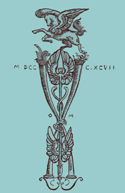 An Engraving of the printer's logo of a unicorn on top of an ornate column composed of two intertwined pipes