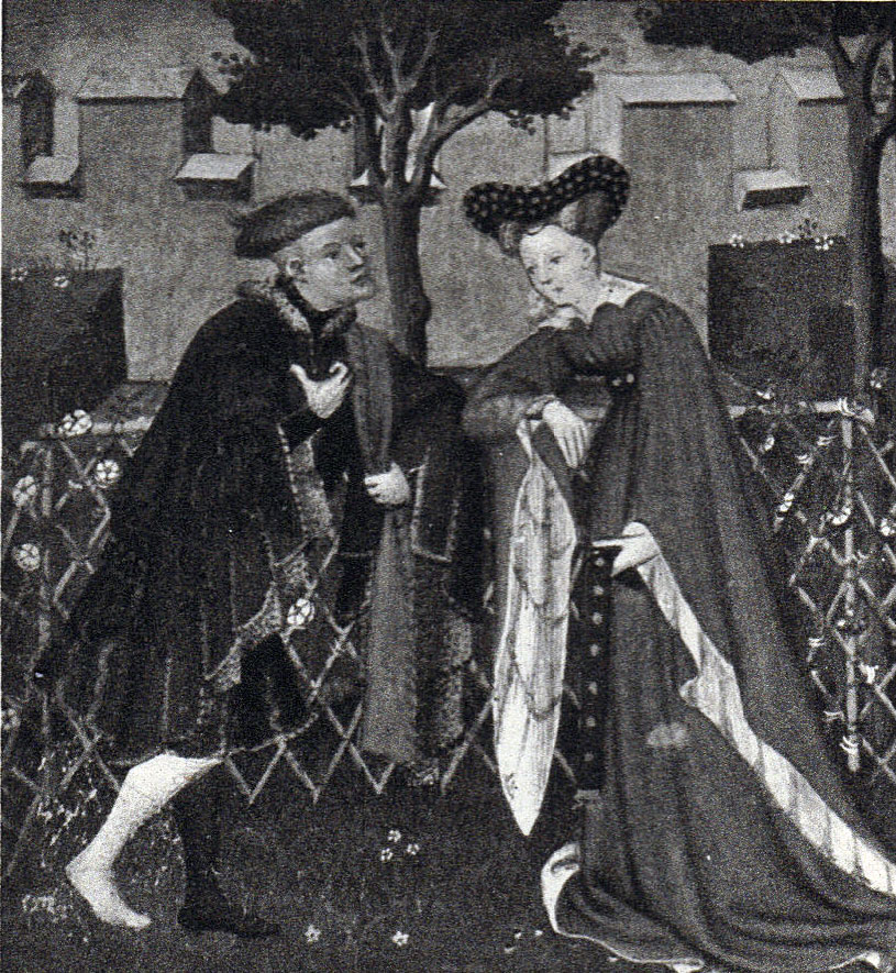 Black and White picture of a manuscript illumination, a man facing a woman both in medieval dress, with a fence, trees and crenellated wall in the background.