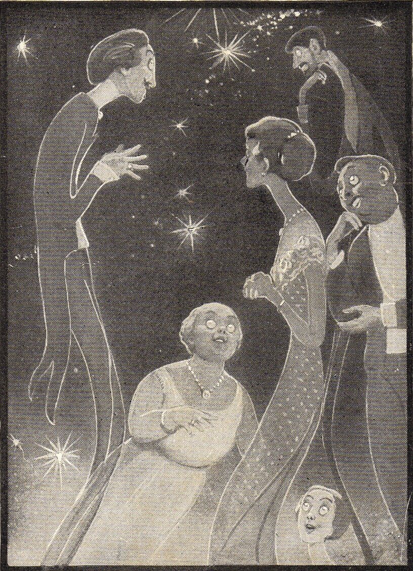 Black and white cartoon of 6 ghostly figures in party dress rising into a night sky with stars.