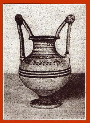 Black and white photograph of a decorated clay Messapian krater, or vase, with two handles.