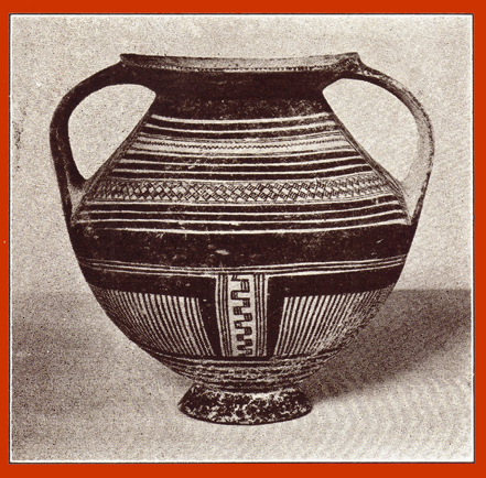 Black and white photograph of a decorated clay Peucetian krater, or vase, with two handles.