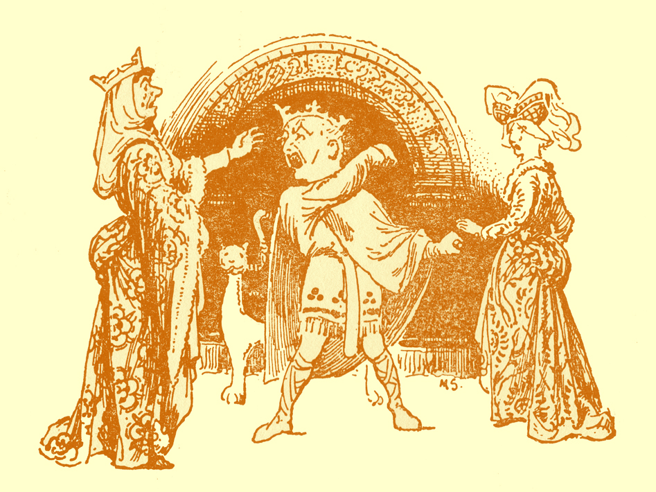 Black and white pencil sketch, by Moyr Smith, of the king arguing, with two women in gowns, one with a crown, on either side of him.