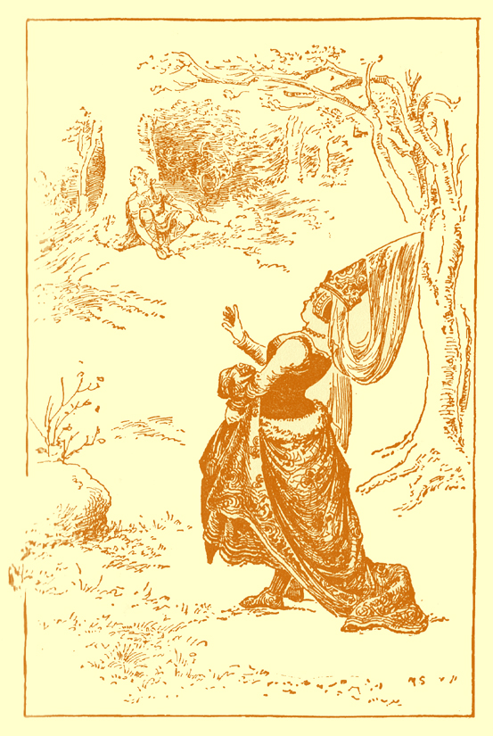 Black and white pencil sketch, by Moyr Smith, of a lady, in a long dress, with pointed hat and veil, walking in a forest toward a man sitting with a pipe in his hand.