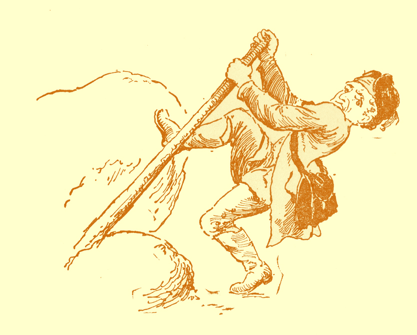 Black and white pencil sketch, by Moyr Smith, of a man using a piece of wood as a lever to lift a rock.