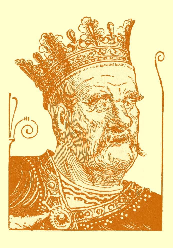 Black and white illustration, by Moyr Smith, of the head of a king, with a mustache and crown.