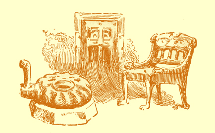 Black and white pencil sketch, by Moyr Smith, of a chair, a door and a handquern, all with hints of faces on them.