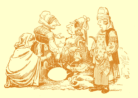 Black and white pencil sketch, by Moyr Smith, of five old women in peasant costumes talking to each other.  A large egg lies on the ground in the middle.