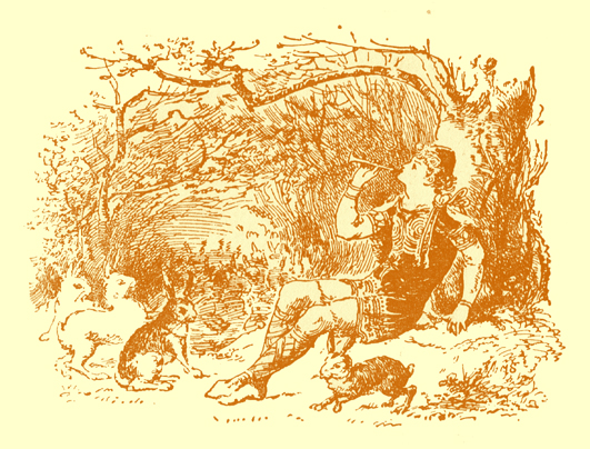 Black and white pencil sketch, by Moyr Smith, of a young man seated under a tree, with a musical pipe in his mouth, and three rabbits looking at him,  sitting on their haunches before him.