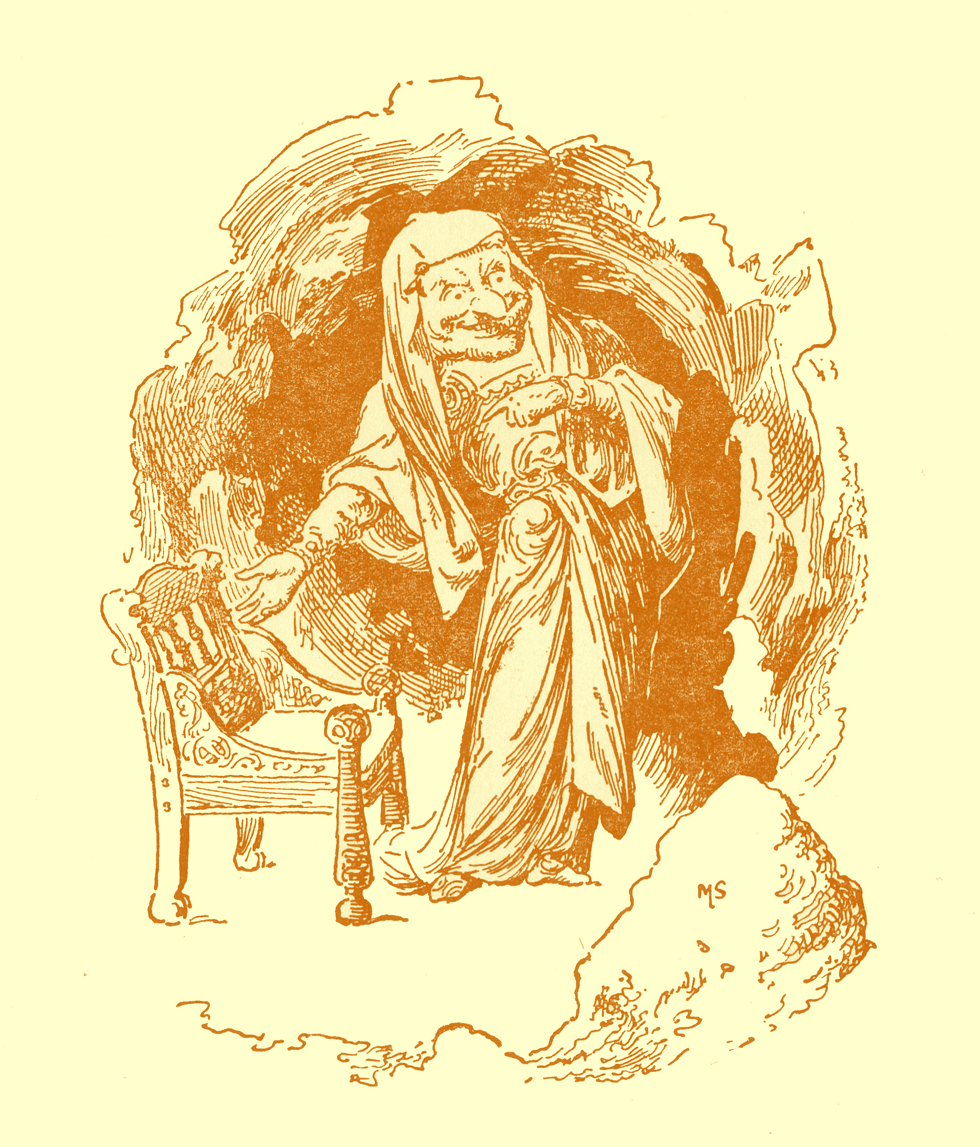 Black and white pencil sketch, by Moyr Smith, of a monstrous looking old woman in a cave standing and gesturing with her hand towards an empty chair.