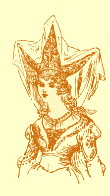 Black and white illustration, by Moyr Smith, of a princess with a hat with three points.