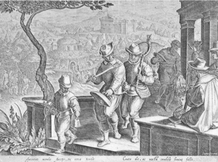 Black and white lithogravure, after Stradanus, of renaissances fowlers with a crossbow and a clapper and hunting dog.