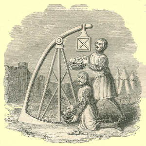 An engraving of a trebuchet, a machine for casting stones, with two soldiers in mail, one putting rocks in to it