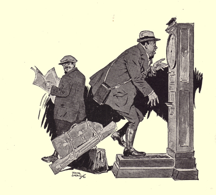 Black and white drawing,by Tony Sarg, of a fat man, with a back pack behinding, reading his weight on a weighing machine with mouth agape.  A man reading the paper is behind him, looking over his shoulder at his situation.