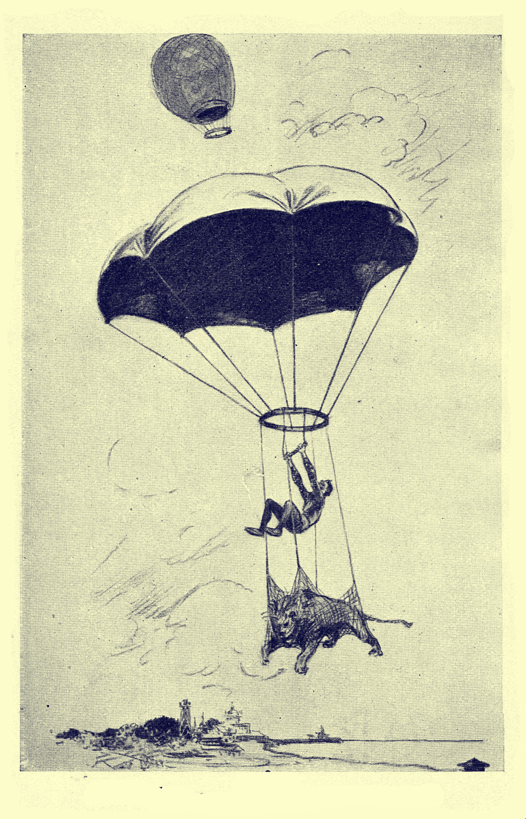 Black and white illustration by F. R. Gruger of a hot air balloon in the distance with an open parachute in the foreground attached to a ring.  The ring has ropes suspending a man hanging on a trapeze, and four ropes that attach to a net below him containing a lion.