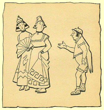 Black and White pen and ink Cartoon by T. Gilbert White, two ladies in evening dress, the older one with a fan, and a man behind them with a beanie on and his hand up.  The ladies are in long gowns with Egyptian motifs, and striped head-dresses, the man is in a toga