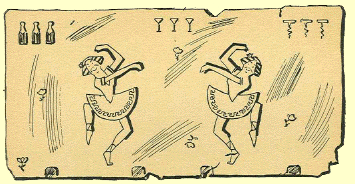 Black and White pen and ink Cartoon by T. Gilbert White, two mirror images of silly ballerinas in ungraceful poses, wearing toga tutus and Egyptian style head-dresses