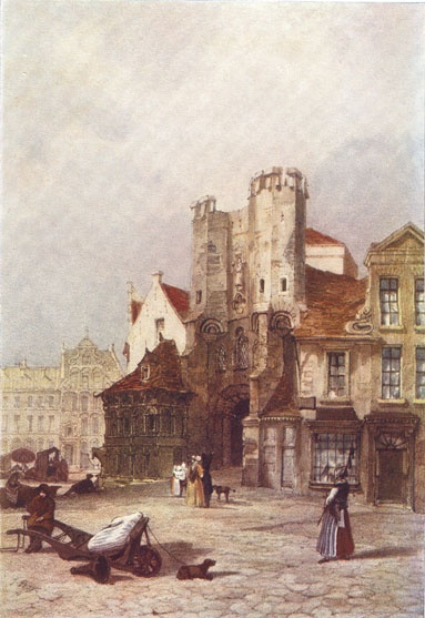 Colored sketch, by T. S. Boys, of the XII the century Palace of the Counts of Flanders, the Château des Comtes, in Ghent, Belgium.
