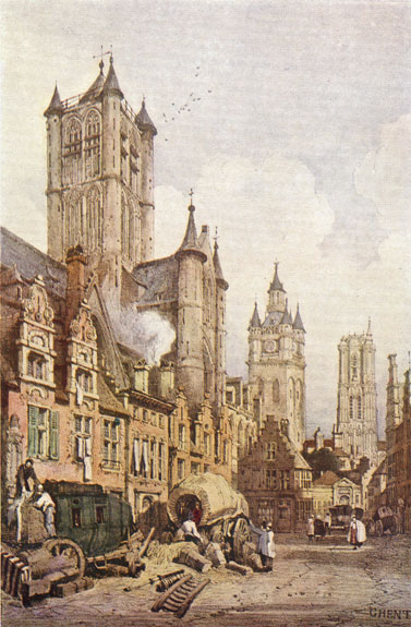 Colored picture of the streets of Ghent in the 19th century, by S. Prout.  In the street in fron to the old buildins, carts, covered wagons, and people working unloading them are seen,