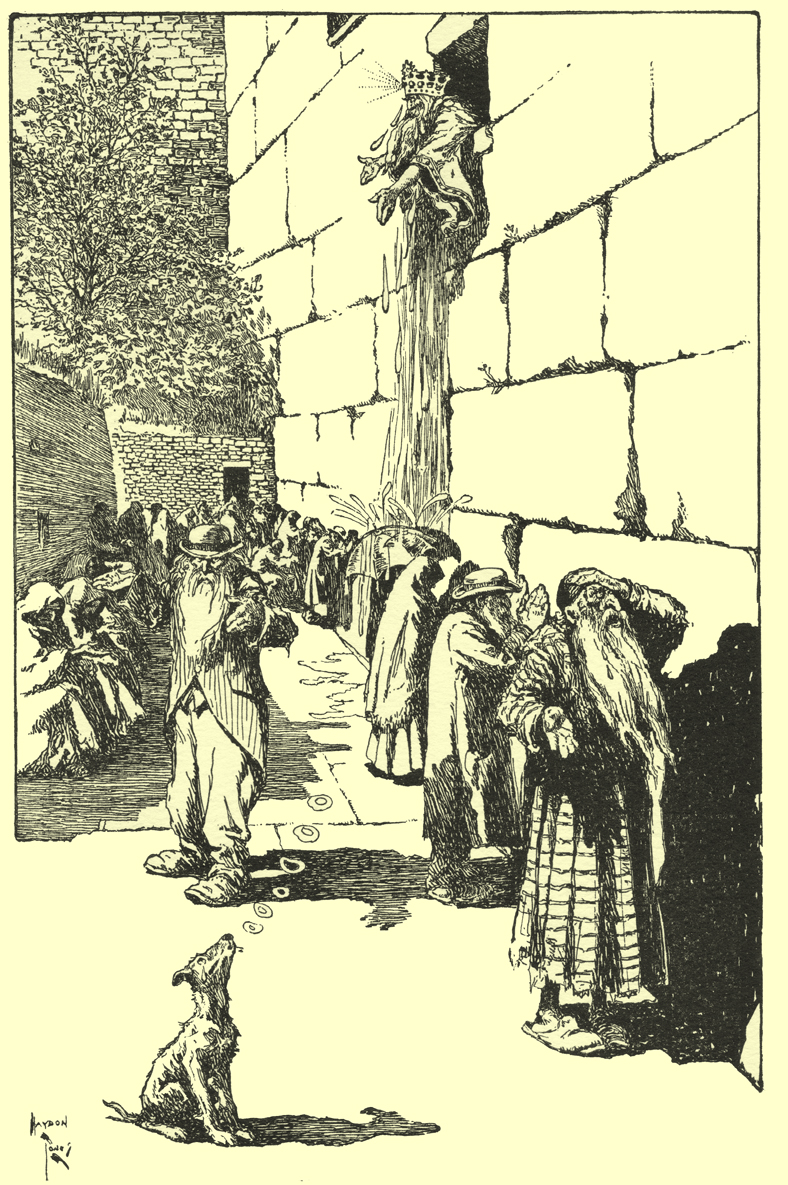 Black and white pen and ink drawing by Haydon Jones, of the Wailing Wall in Jerusalem, with people praying at its base, and King Solomon looking out a window in the wall sobbing torrents of tears.  There is also a dog sitting and howling.