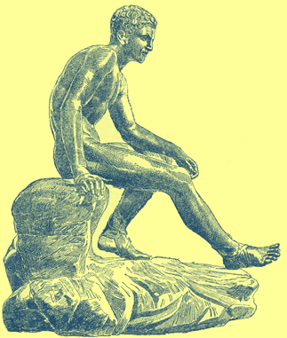 Black and white engraving of the seated Hermes by Praxiteles from Olympia. 