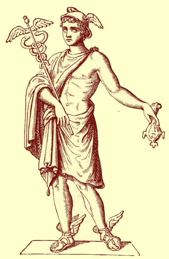 Black and white engraving of Hermes [Mercury] standing, with caduceus, winged sandals and winged hat.  He has a voluminous cape across his legs and behind him that is fastened around his neck.