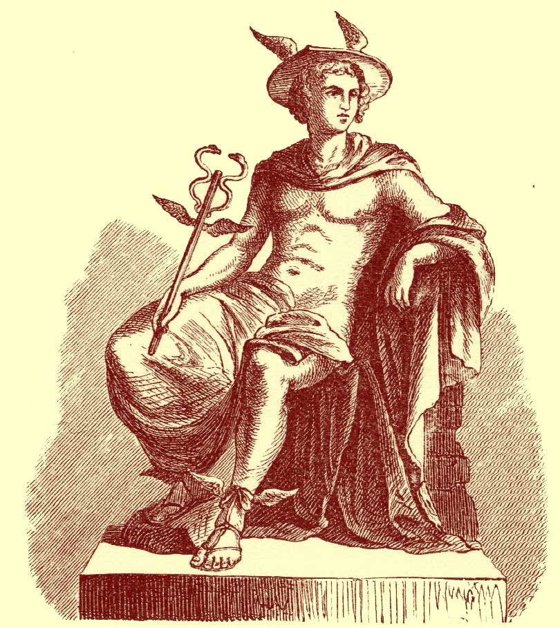 Black and white engraving of Hermes [Mercury] seated, with caduceus, winged sandals and winged hat.  He has a voluminous cape across his legs and behind him that is fastened around his neck.