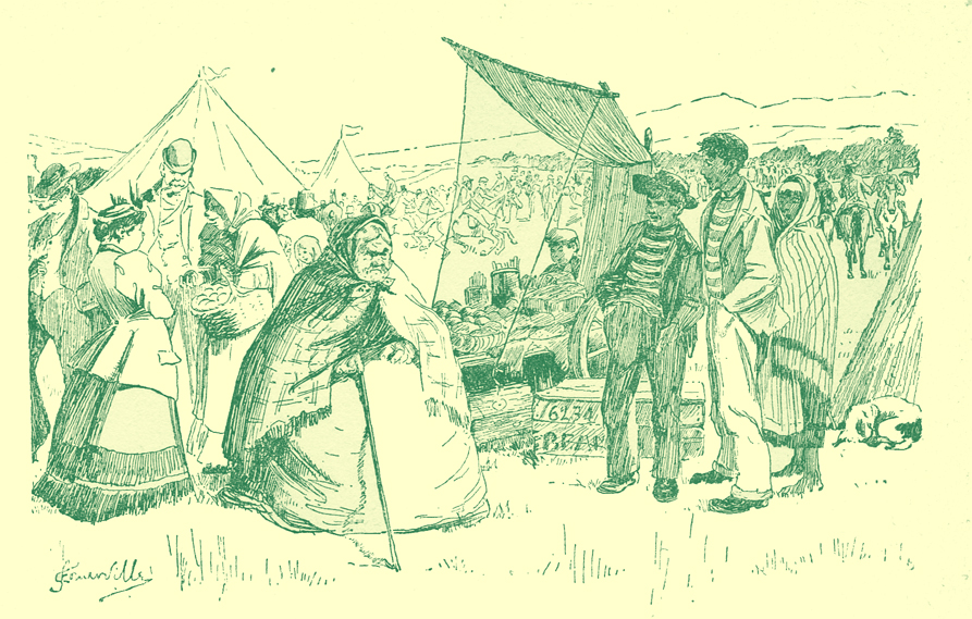 A black and white sketch, by E. Œ. Somerville, of an Irish country horse race scene, with several people and tents, in turn of the 20th century dress.