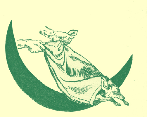A black and white sketch, by E. Œ. Somerville, of a crescent moon.  Over it are two hands holding the end of a bag from which a fox escaping out of the other, open, end.