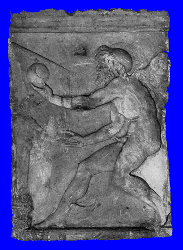 A Roman relief in marble copied from the statue by Lysippos of Kairos, or Opportunity, Chance  or Luck. A profile of a bearded man, nude, is running with a globe in his hand.  He has wings on his shoulders and on his feet.  The back of his head is bald. Modeled after the original Greek statue by Lysippos, or Lysippus