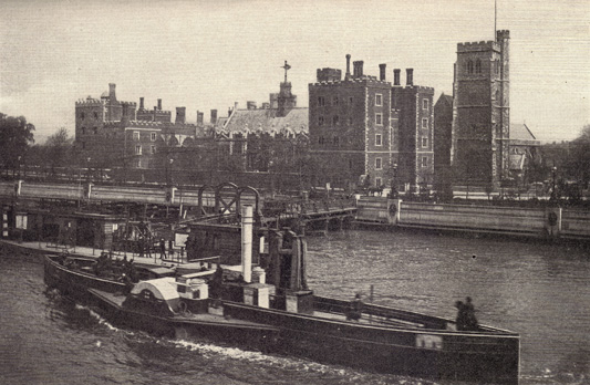 Black and white photograph of Lambeth Castle, England, with the Thames river before it, on which is a old-style boat, taken in the late 19th century.