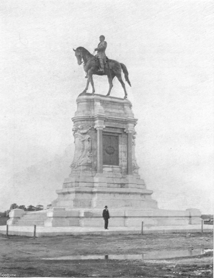 Photograph of the Lee Monument, by Mercie at Richmond, Virginia.  He is on horseback, in uniform.