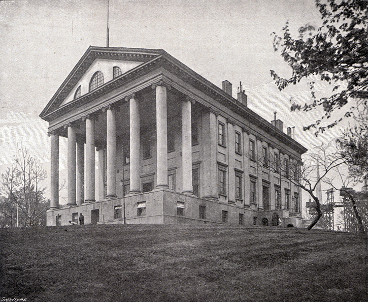 Photograph of the Confederate Capitol building at Richmond, Virginia, designed by Thomas Jefferson. It is in the neo-Classical style with columns across the front porch.