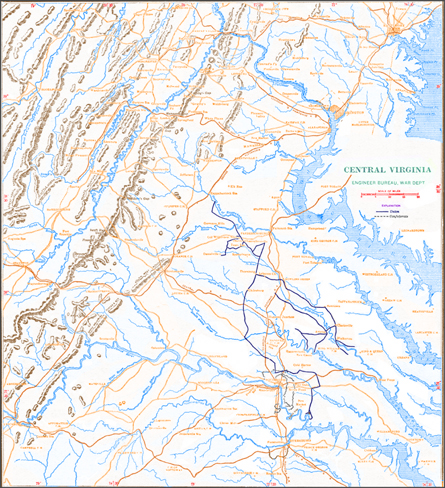 Map of Central Virginia area during the Civil War era. Colorized for legibility by Bill Thayer, copyrighted.