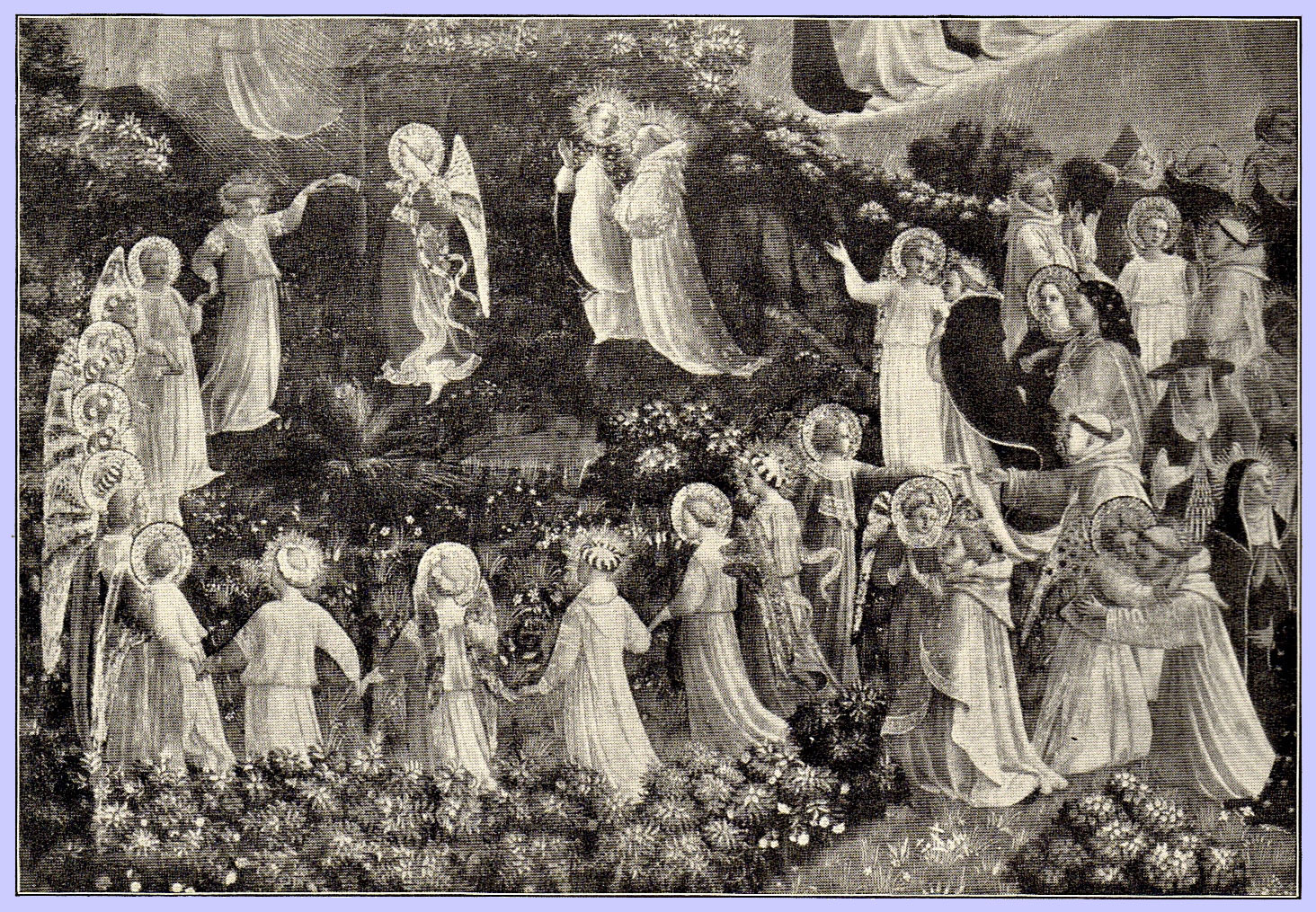 The Last Judgment by Fra Angelico, black and white picture with many figures, including angels holding hands in a flowery meadow holding hands, and some hugging each other, all with halos or wreathes of flowers on their heads