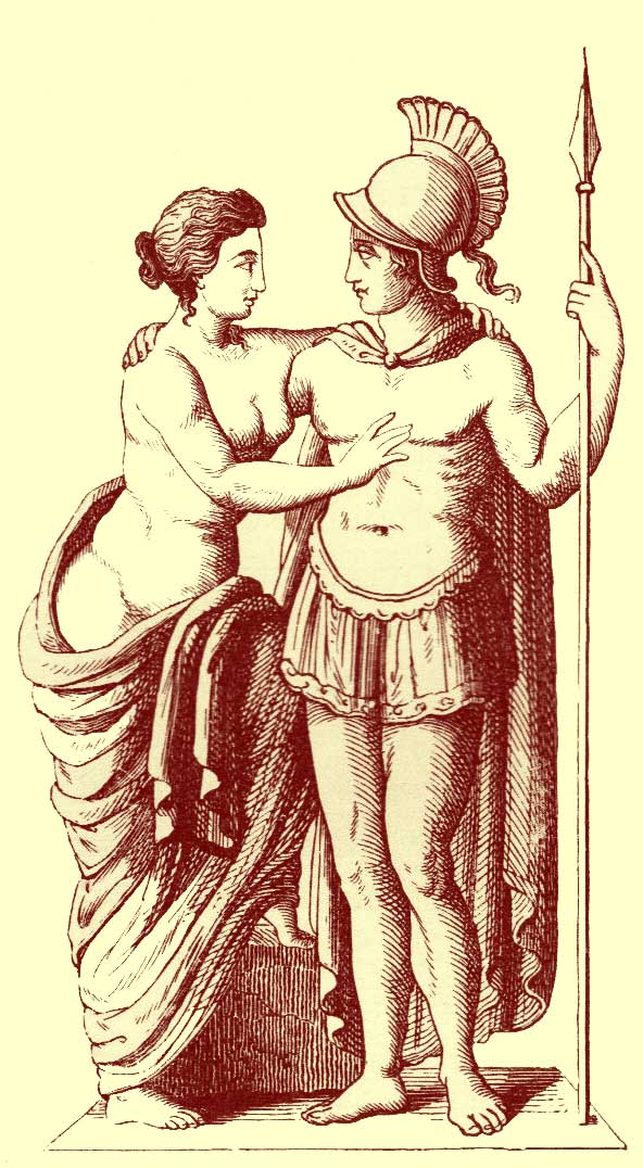 Black and white photograph of artwork showing a helmeted Mars (Ares) with a spear in one hand, and Venus, half-draped, with her arms around him.