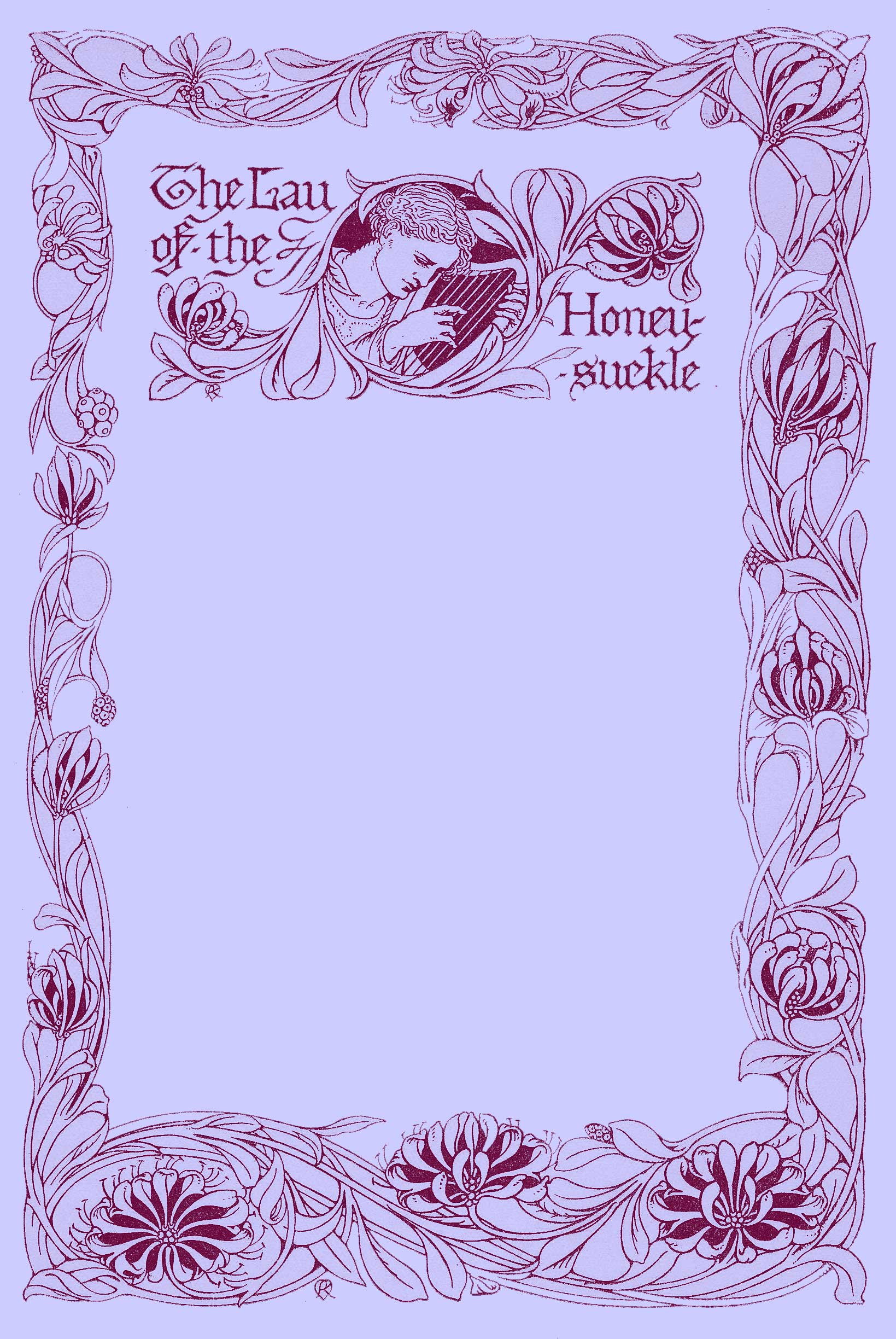 Decorated Title Page by Reginald L. Knowles with a border of lilies, vines and leaves and a center picture of the head of a man plucking a harp surrounded with leaves and lilies