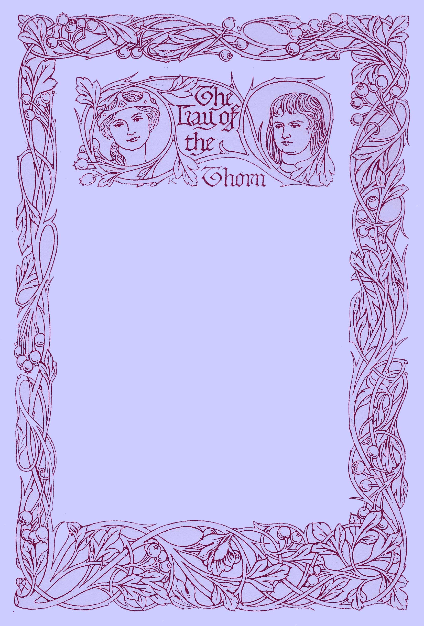 Decorated Title Page by Reginald L. Knowles with a border of buds, vines and berries and a center picture of the head of a woman with a crown and a man separated by the Title.