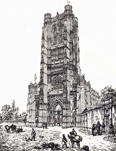 Black and white drawing by J. Coney of  the Abbey of St. Bertin in St. Omer.