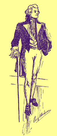 Pen and ink sketch by Percy E. Anderson, of a man in tight breeches and a cutaway coat, standing and looking to the left, holding a walking stick.