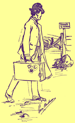 Pen and ink sketch by Percy E. Anderson, of a man walking, carrying a suitcase and looking at a fence behind him.