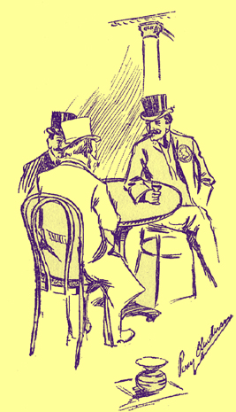 Pen and ink sketch by Percy E. Anderson, of a three men in top hats seated around a table, with a spitton in the foreground.