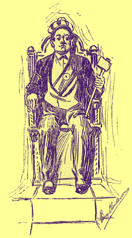 Pen and ink sketch by Percy E. Anderson, of a man seated in a hair on a raised dais, with a crown on his head, a sash over his chest, and an axe in his hand.