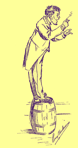 Pen and ink sketch by Percy E. Anderson, of a man, in profile, standing on a barrel, in a cutaway coat, apparently speechifying.