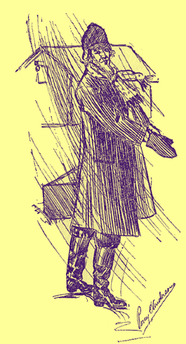 Pen and ink sketch by Percy E. Anderson, of a man, standing in an overcoat and hat, putting on his gloves with rain pouring on him.