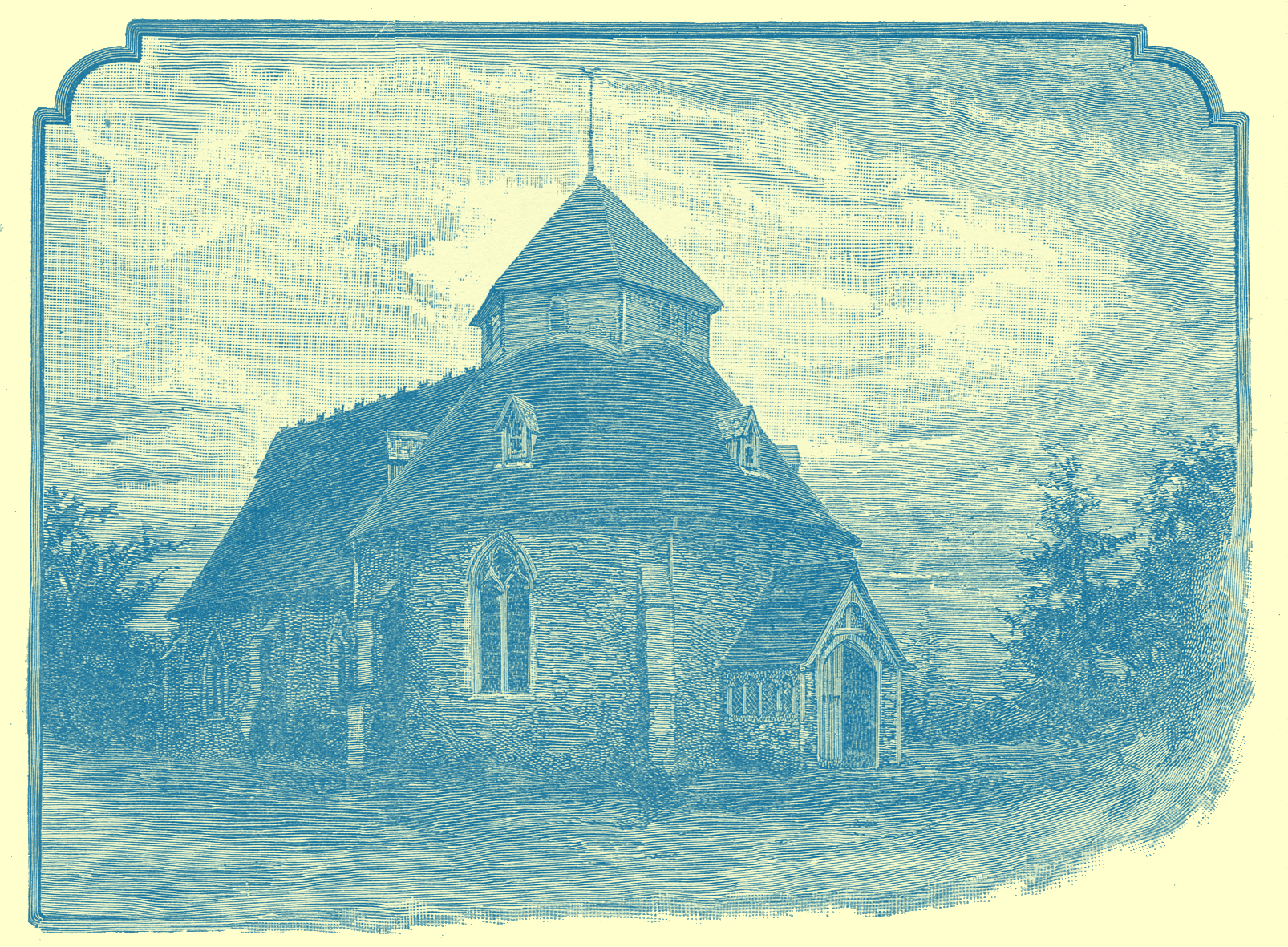 An Engraving of Little Maplestead Church, in Essex, England.  It has a rounded front portion and a hexagonal tower.