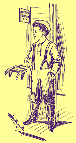 Pen and ink sketch by Percy E. Anderson, of a boy standing withh his hands in his pockets.  His pants have suspenders and and the legs are tucked into his boots.