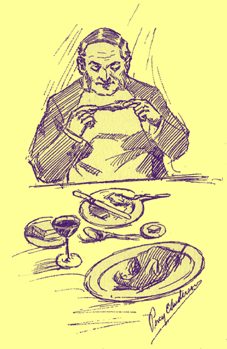 Pen and ink sketch by Percy E. Anderson, of a man seated at a full table with a long napkin tucked under his chin, eating a drumstick.